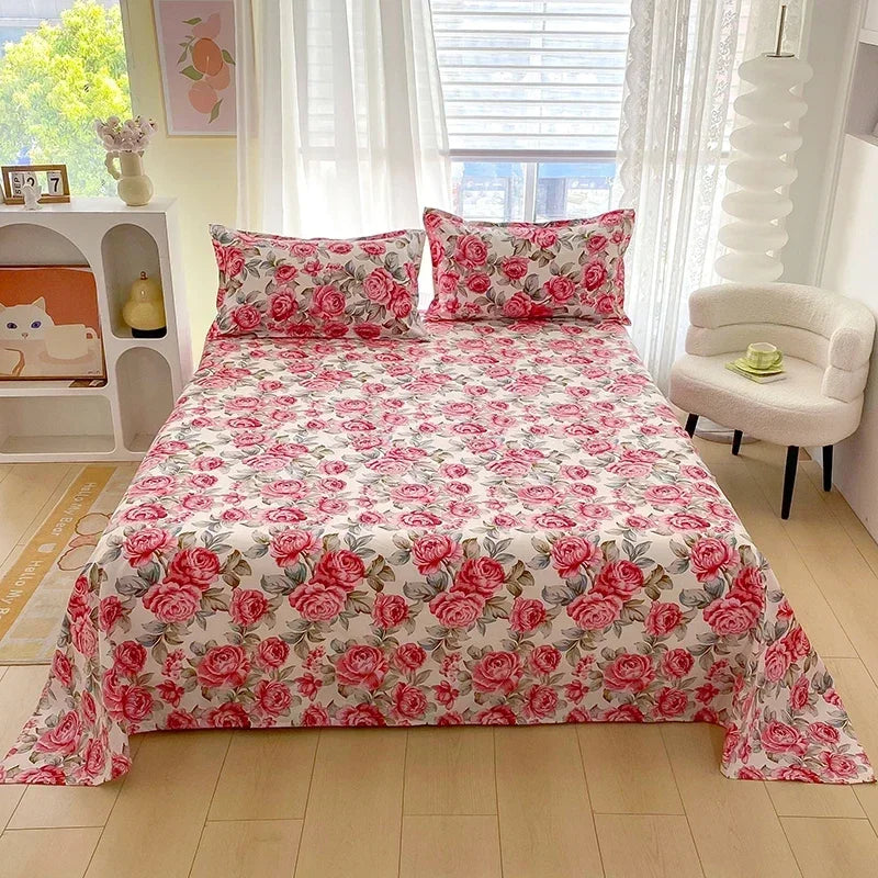 Red Floral Printed Flat Bed Sheet | Single-King