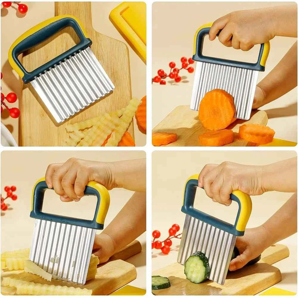 Stainless Steel Potato Chip Slicer Dough Vegetable Fruit Crinkle Wavy Kitchen Knife Cutter Chopper French Fry Maker Tools Gadget