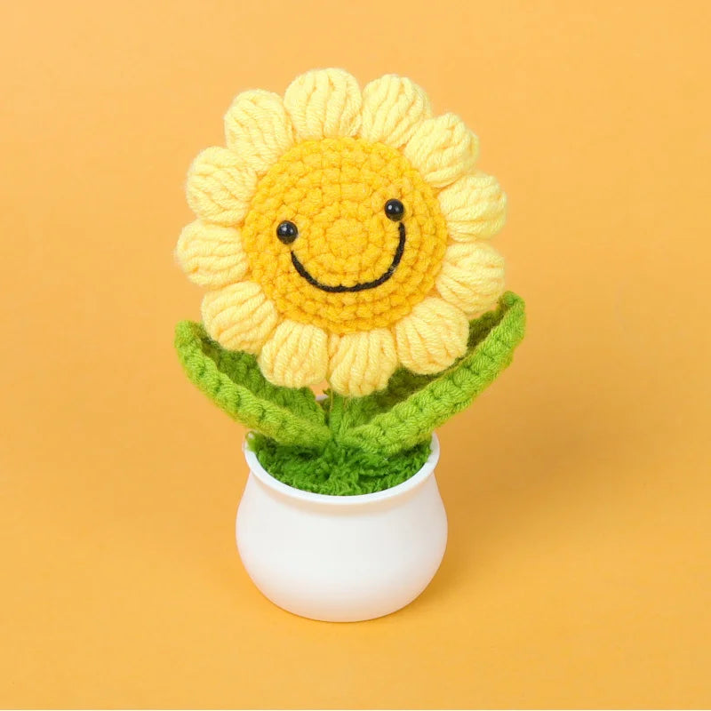 Handmade Yarn Knitted Sunflower Ornament Potted Plant Bouquet Wedding Decoration Home Decor Photography Props Holiday Gift