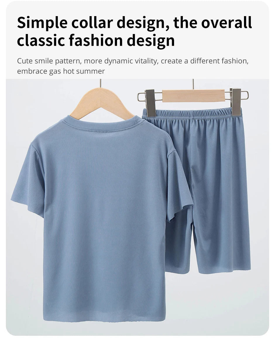 Children's Ice Silk Pajamas, Summer Thin Short Sleeved Shorts, 2-Piece Set of Big Boys and Girls' Home Clothing Set