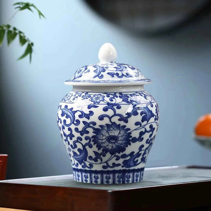 Chinese Blue White Porcelain Decorative Temple Jar Vase with Lid,Tea Canister Ceramic Tea Organizer Box Storage Coffee Container