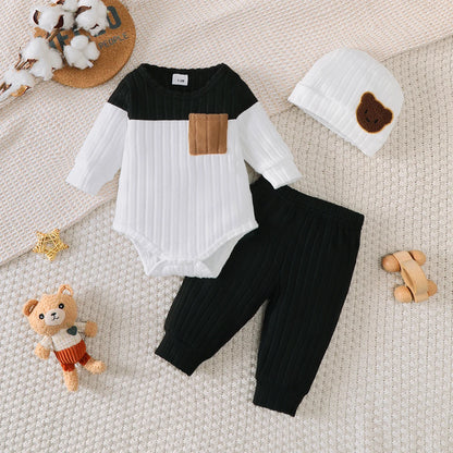 3Pcs/Set of Newborn Baby Boy Color Blocked Long Sleeved Bodysuit+Pants+Cute Hat Set 0-18 Months Baby Boy Spring and Autumn Set