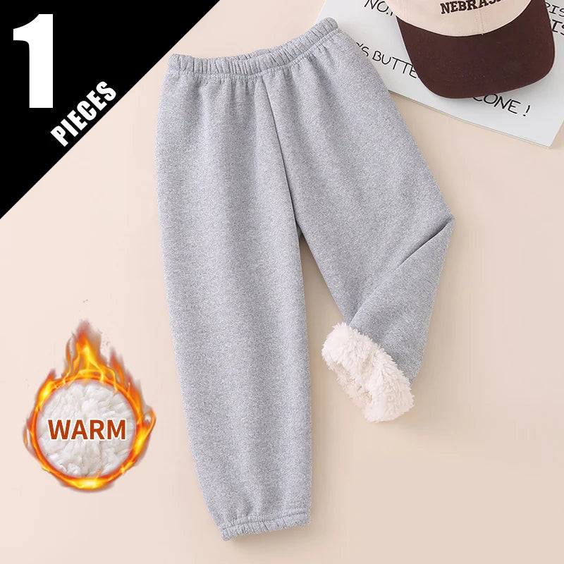 Autumn And Winter Children's Plush Warm Sports Casual Pants For Boys And Girls Solid Color Fashion Thick Windproof Harun Pants