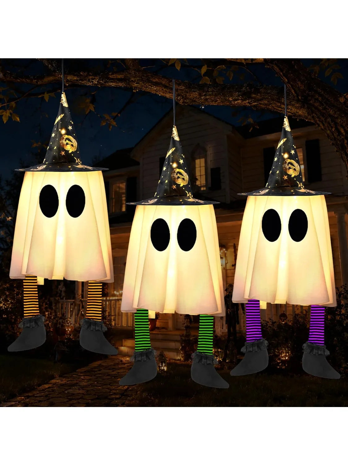 23.6'' 3Pcs Halloween Hanging Ghosts Decorations Outdoor, Warm Light Up Ghosts with Witch Hat & Timer, Flying Halloween Decorations for Yard Porch Lawn Party Supplies Tree Decor
