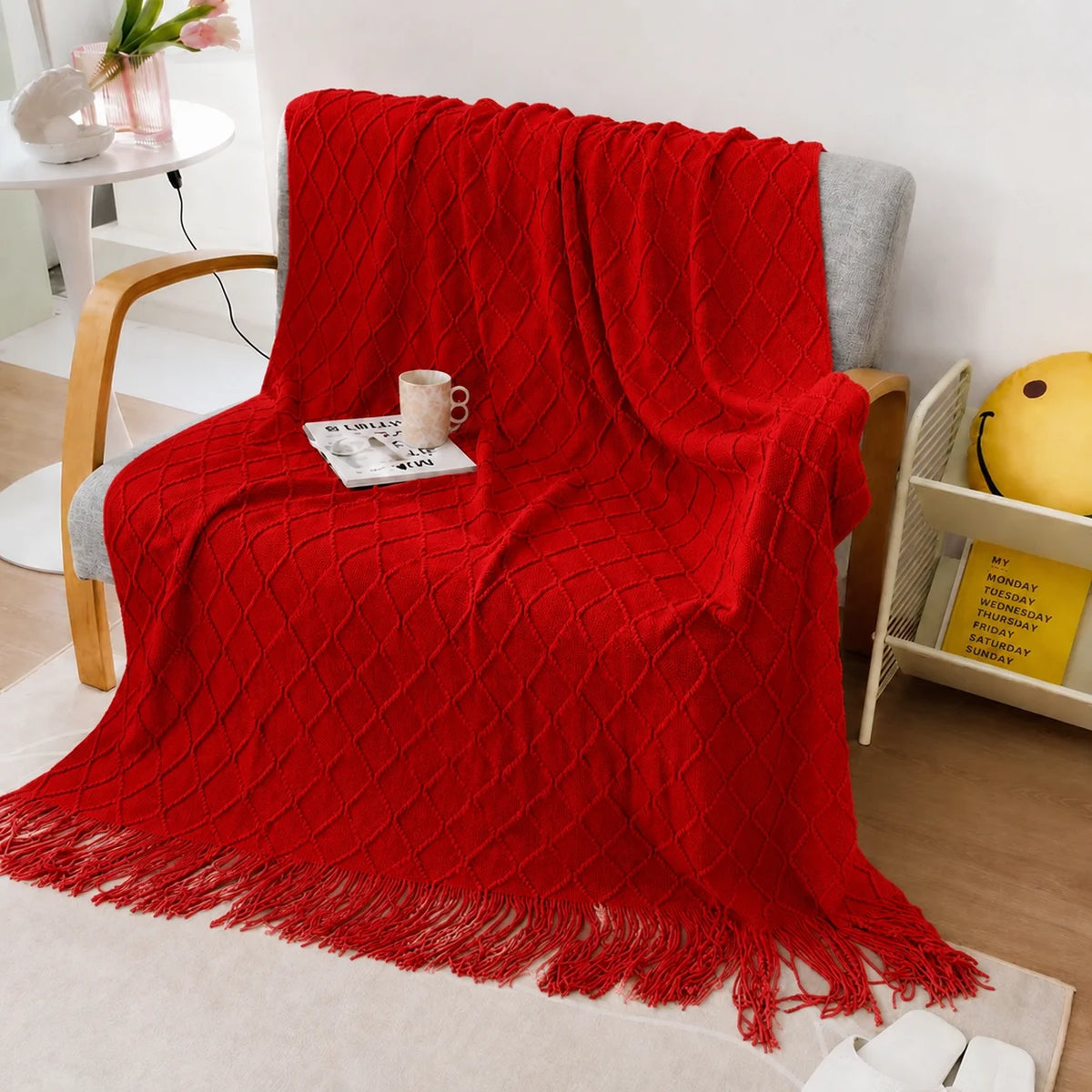 Sage Green Diamond Knit Throw Blanket with Tassels