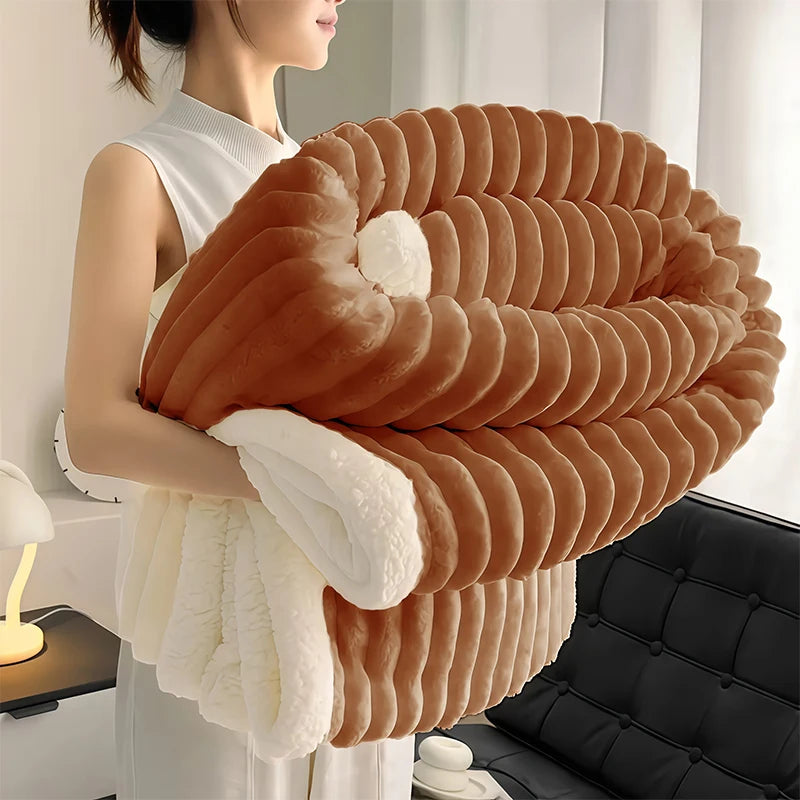 1pc Weighted Sherpa Fleece Blanket -Soft, Warm Faux Rabbit Fur Softness, Beige & White Striped Contemporary Bedspread for Bed