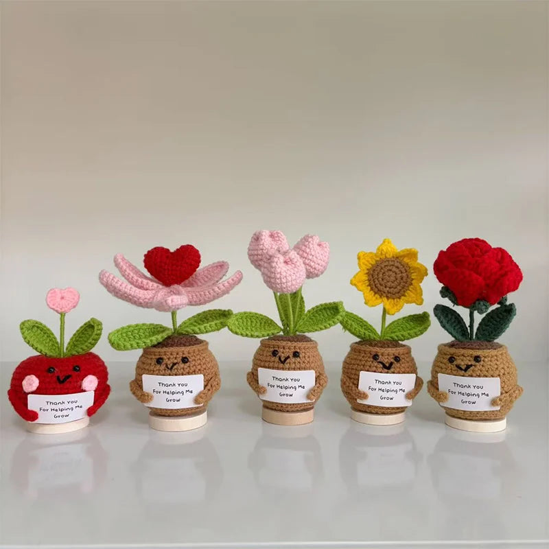 Crochet Flower Artificial Tulip Potted Finished Hand Woven Plants Knitted Sunflower Wedding Gift for Guests Home Decoration