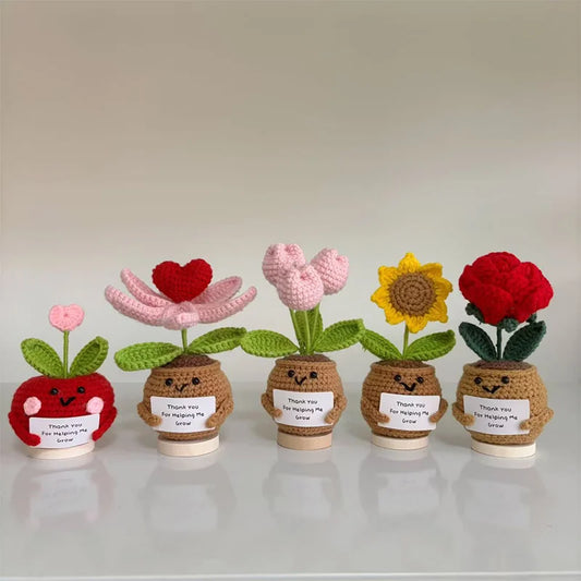 Crochet Flower Artificial Tulip Potted Finished Hand Woven Plants Knitted Sunflower Wedding Gift for Guests Home Decoration