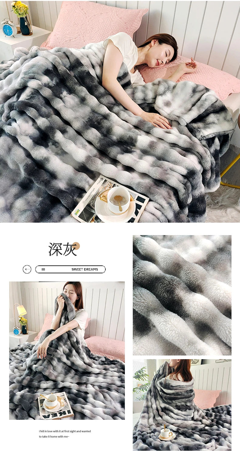 Gradient Bubble Fleece Throw Blanket Cozy Soft Plush Multipurpose Nap Blanket for Bedroom Sofa Faux Rabbit Fur Travel Blankets
