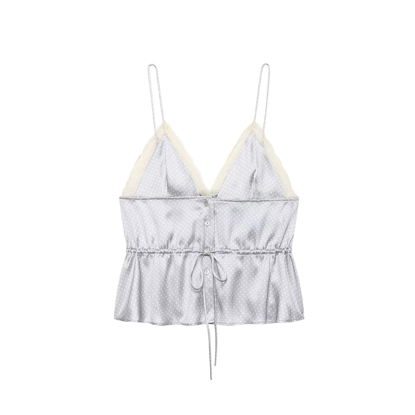 Women's Polka Dot Satin Peplum Cami Top – Lace Trim Spaghetti Strap Elegant Loungewear & Vacation Top