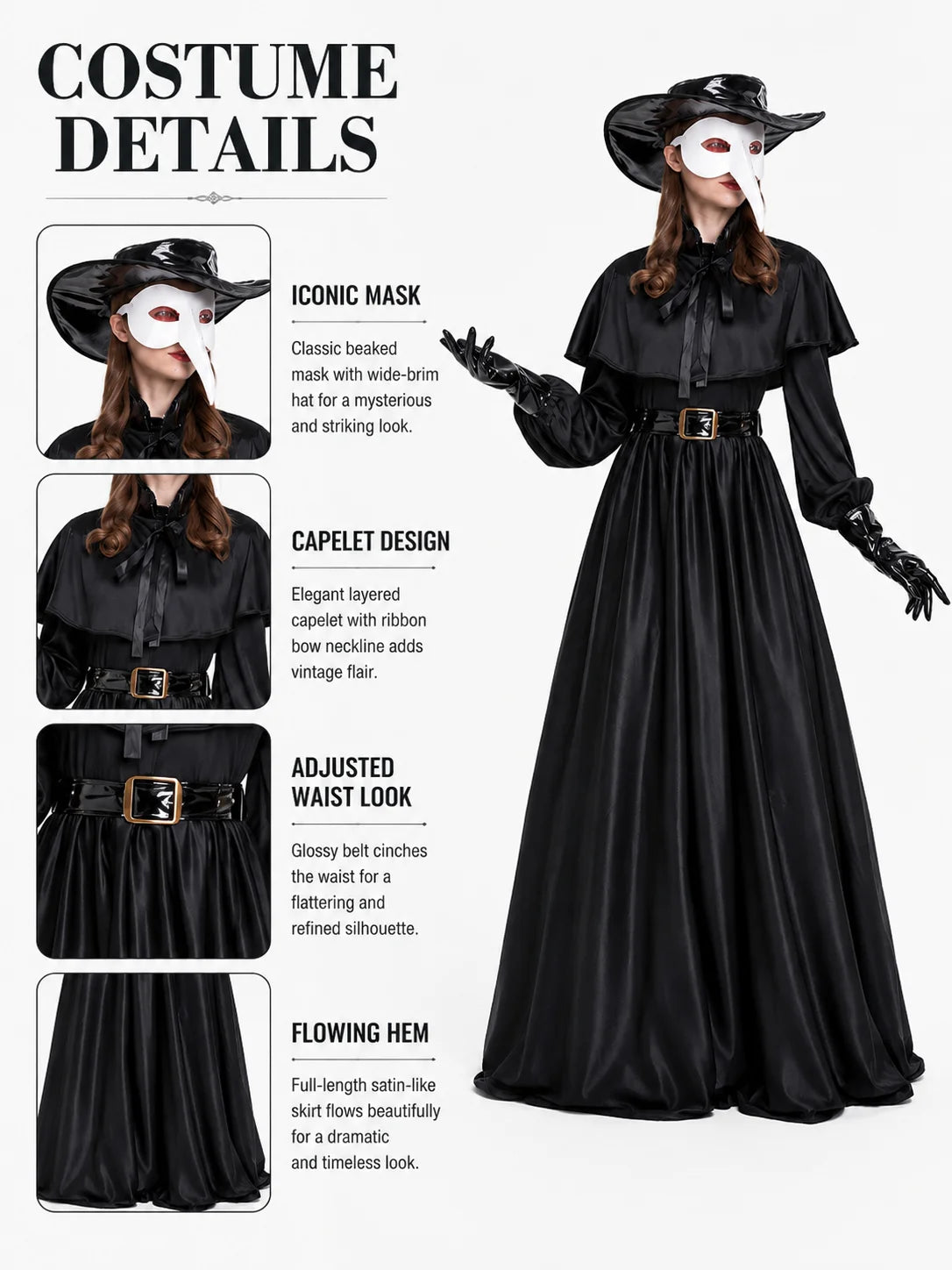 Women Plague Doctor Costume Set Medieval Gothic Long Dress with Cape Belt Hat Gloves Bird Beak Mask Steampunk Halloween Cosplay Outfit for Carnival Party