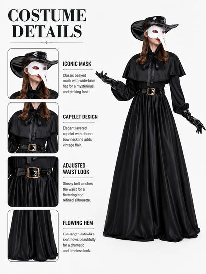 Women Plague Doctor Costume Set Medieval Gothic Long Dress with Cape Belt Hat Gloves Bird Beak Mask Steampunk Halloween Cosplay Outfit for Carnival Party