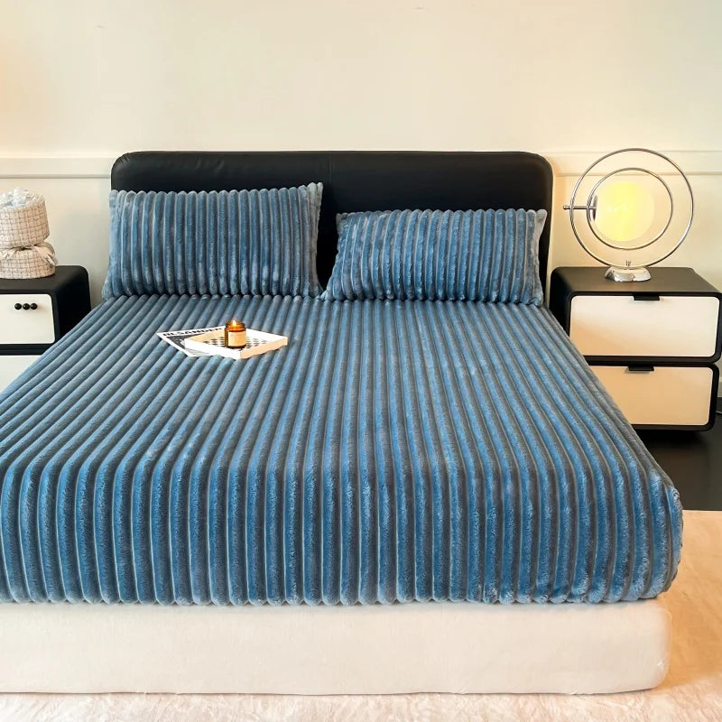 Striped Plush Fitted Sheet, Cozy Fluffy Mattress Cover
