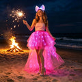 LED Light Up High Low Tulle Tutu Skirt Women Front Short Back Long Irregular Flowy Puffy Half Skirt for Halloween Carnival Night Club Party