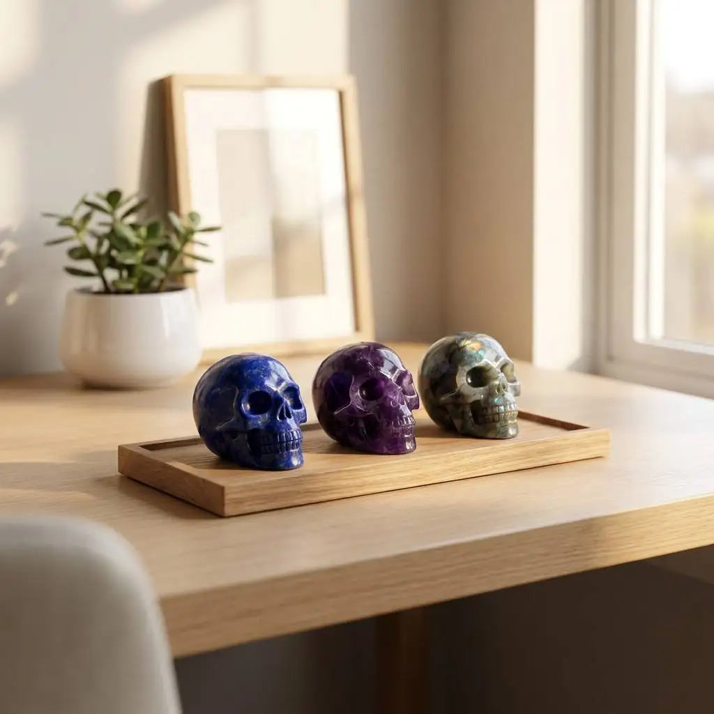 Natural Crystal Skull 2-3in Handmade Lapis Lazuli Obsidian Clear Quartz Labradorite Citrine Rose Quartz Tiger Eye Amethyst Skull Figurine Skull Carving High Quality Home Decor Desk Ornament Office Decor Room Decor Bedroom Dec