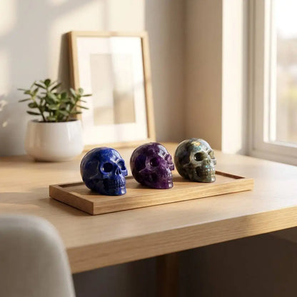 Natural Crystal Skull 2-3in Handmade Lapis Lazuli Obsidian Clear Quartz Labradorite Citrine Rose Quartz Tiger Eye Amethyst Skull Figurine Skull Carving High Quality Home Decor Desk Ornament Office Decor Room Decor Bedroom Dec
