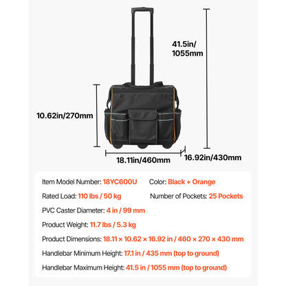 110Lbs Rolling Tool Bag 25 Pockets Roller Tool Bag on Wheels with Telescoping Handle Toolbag Organizer for Mechanic