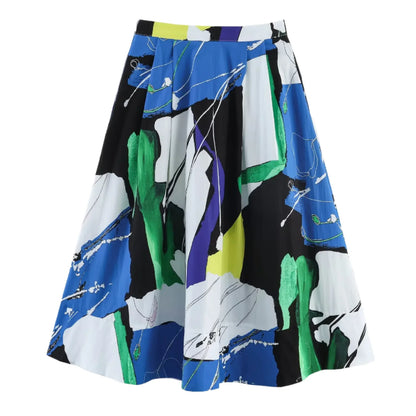 Women's Abstract Print Pleated Midi Skirt – High Waist Colorful Flowy Casual Summer Skirt