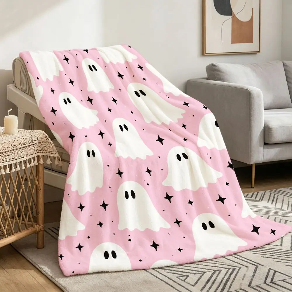 Soft Plush Throw Blanket Suitable for Bed Sofa - Pastel Pink Fleece Bedspread with Cute Pattern, Cozy Bedspread for &, Spooky Cute Decor, - Warmth for Living Room, Bedding Gift Idea