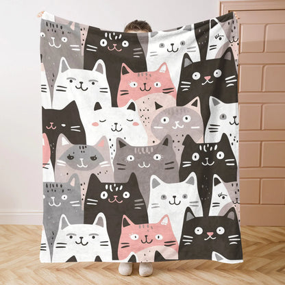 Whimsical Cat Print Flannel Throw Blanket - Ultra-Soft, Lightweight, Warm, and Cozy for All Seasons - Perfect for Snuggling Up on Bed, Sofa, Office, Camping, and Travel Adventures