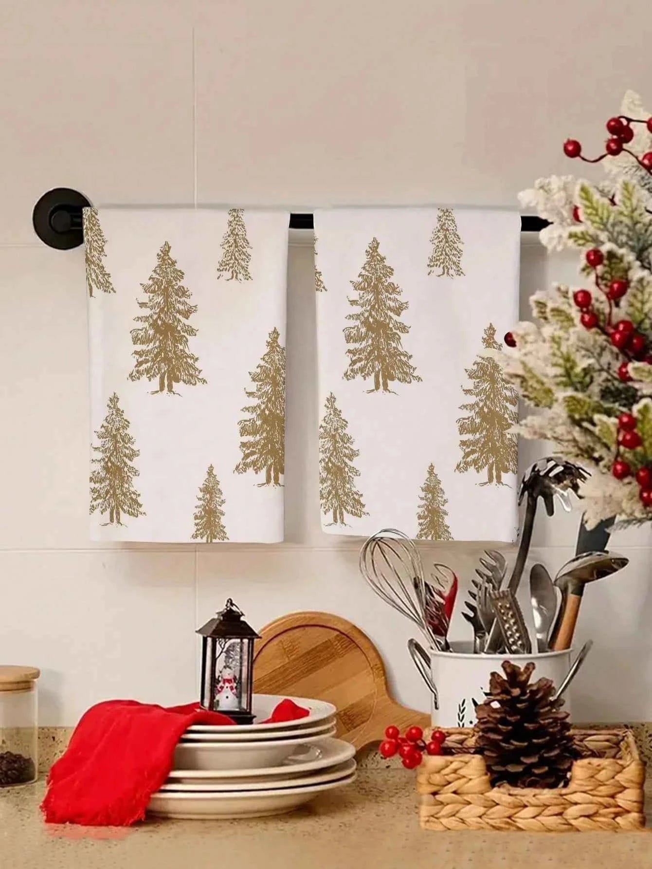 2 Pcs Christmas Towels | Fresh/Modern Style | Christmas Tree Print | Kitchen/Bath/Outdoor Party Decor & Holiday Gift