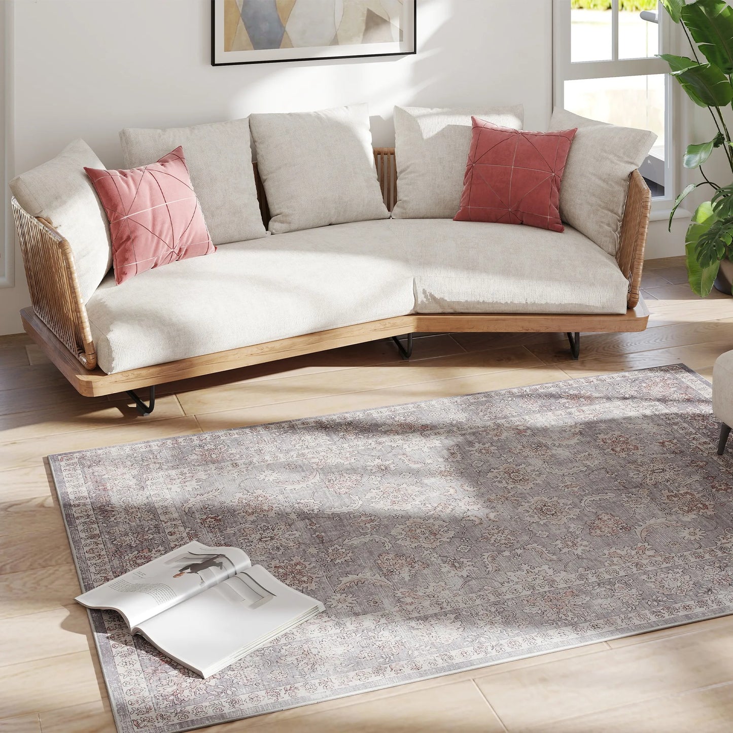 4x6 Traditional Floral Area Rug – Machine Washable Non-Slip Chenille Carpet in Grey & Brown