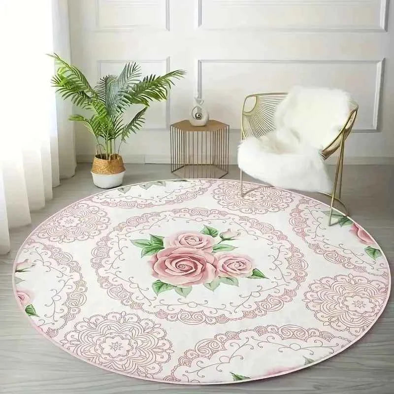 VIKAMA Home Aesthetic Round Bedroom Bedside Pink Carpet Guest Room Princess Floral Floor Cushion Luxury Home Carpet Decoration