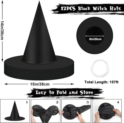 12 Pcs Halloween Witch Hat Decorations Outdoor Indoor, Floating Witch Hats Hanging Witches Hats Bulk, Thickened Wizard Hats With
