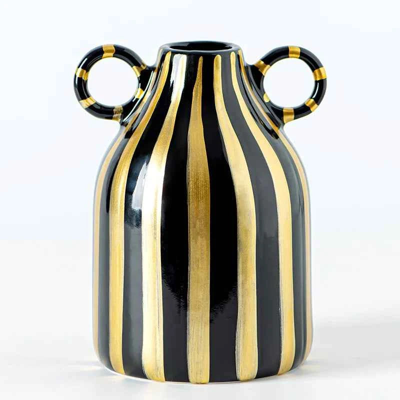 Double Ear Ceramic Vase, Abstract Black and White Striped Hydroponic Vase, Living Room Decoration, Room Aesthetic Decoration
