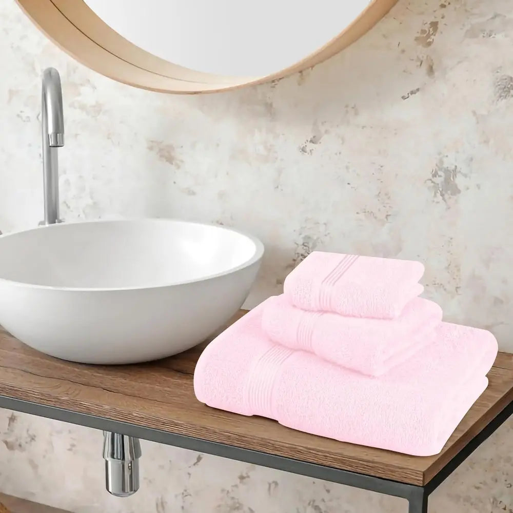 3 Pack Cotton Towel Set: Bath 28x55, Hand 16x24, Wash 12x12 - Pink, Daily Use