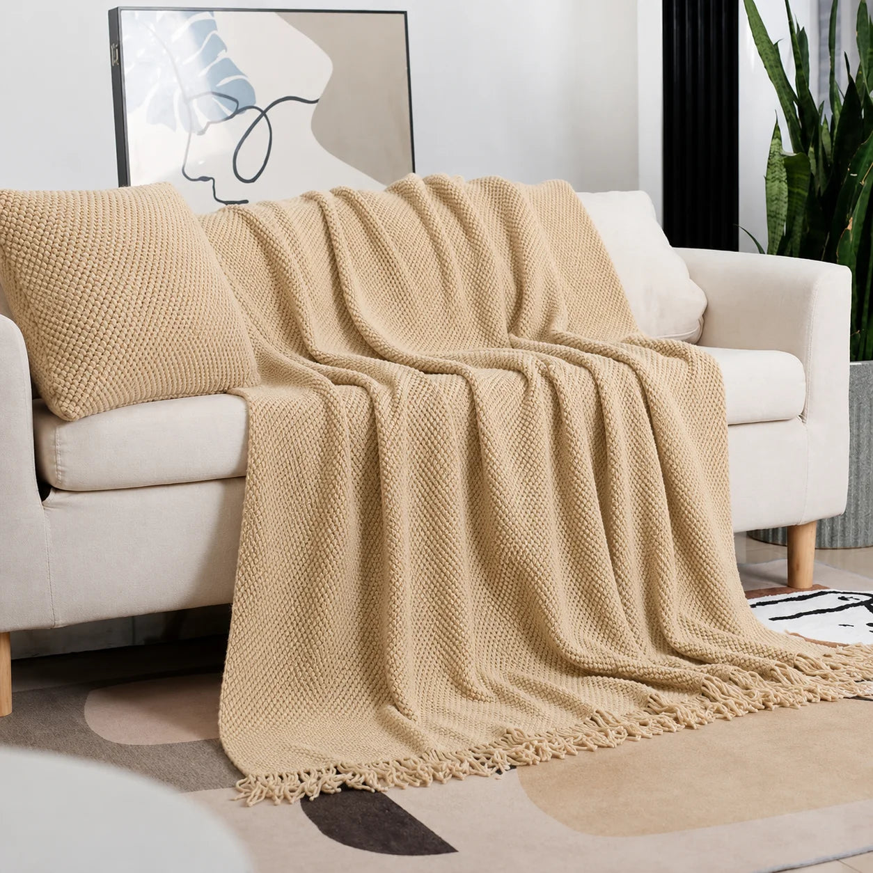 Beige Openwork Textured Knit Throw Blanket with Tassel Fringe, Soft Knitted Decorative Blanket, Lightweight Cozy Cover for Couch Sofa Bed, Boho Farmhouse Home Decor for Living Room Bedroom