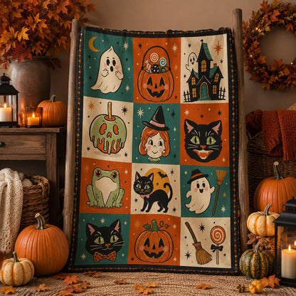 Retro 50s Halloween Sherpa Blanket, Vintage Midcentury Cute Ghost Fleece Throw, Kawaii Halloween Blanket Gift