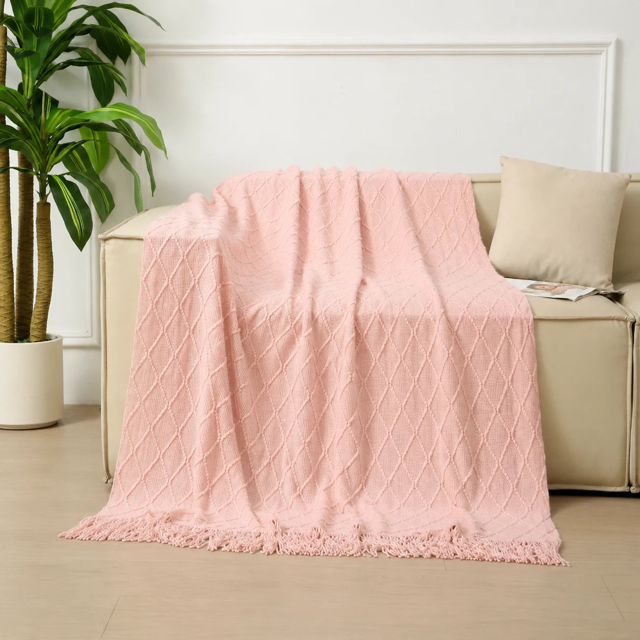 Dark Green Geometric Bobble Textured Knit Throw Blanket with Tassel Fringe, Soft Knitted Decorative Blanket, Lightweight Cozy Cover for Couch Sofa Bed, Boho Farmhouse Home Decor for Living Room Bedroom