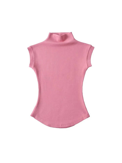 Women's Turtleneck Sleeveless T-Shirt — Solid Slim Fit Casual Streetwear Tee