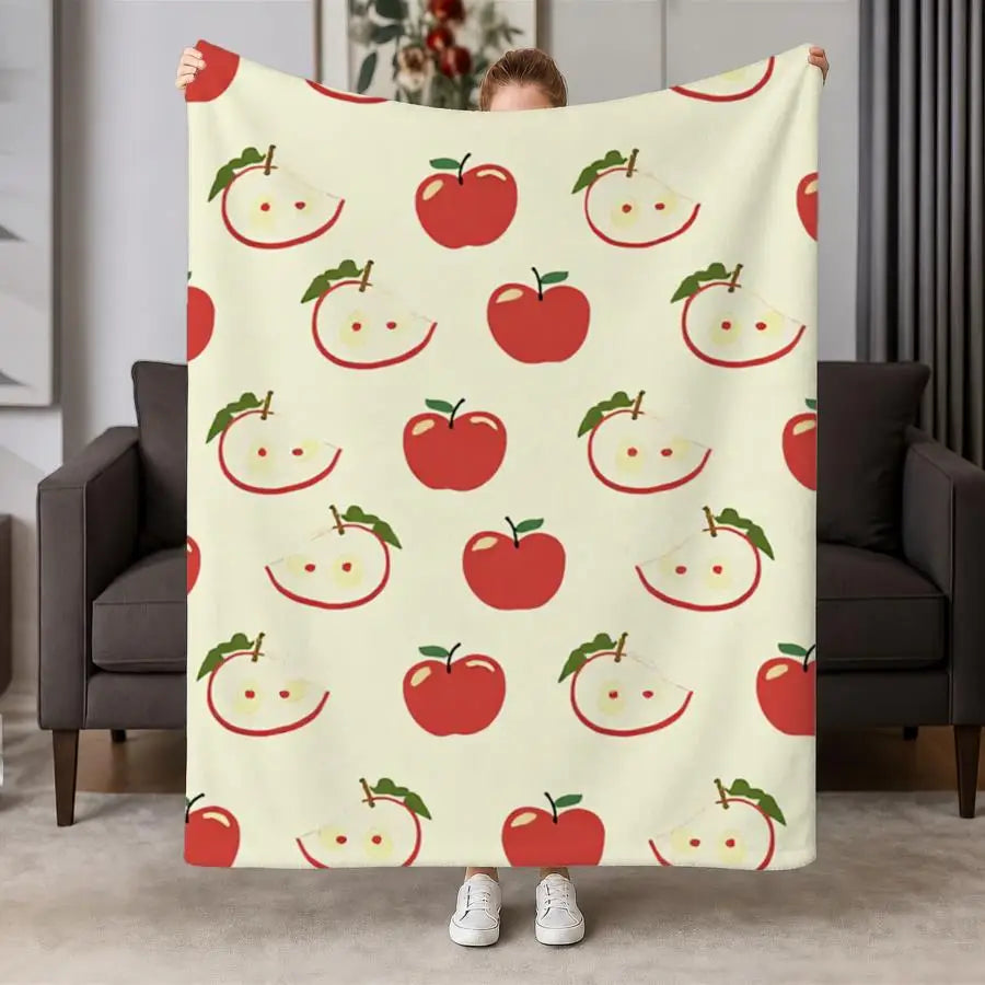 Cozy Red Apple Pattern Flannel Throw Blanket - Soft, Warm Ideal for Couch, Bed, Office & Travel, Perfect Gift for Friends & Family, Cartoon Style, Machine Washable 2D Flat Weighted Blanket 280GS