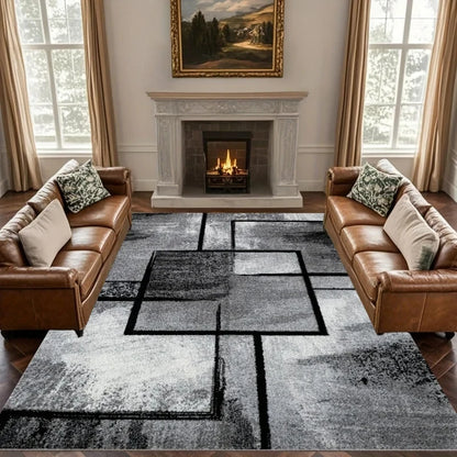 VIKAMA Modern Gray & Black Geometric Square Area Rug – Non-Slip Washable Soft Carpet