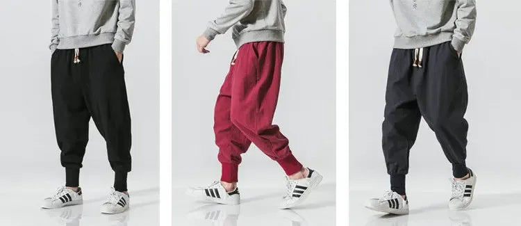 Men's Cotton Linen Harem Pants — Baggy Drop-Crotch Streetwear Joggers