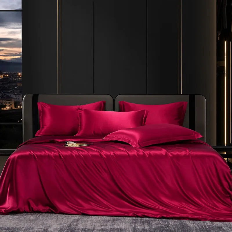 Solid 4pcs Silk Bedding Set with Duvet Cover Fitted/Flat Bed Sheet Pillowcase Bedspreads and Coverlets  Single Double Bedsheet