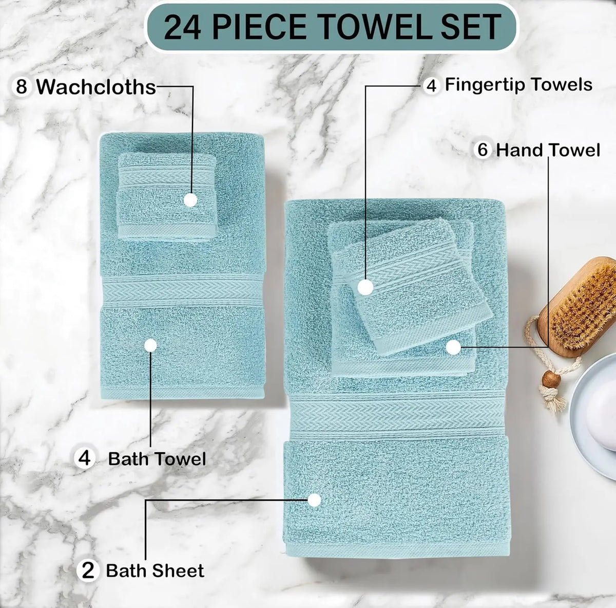 24 Piece Bath Towels Set for Bathroom- 100% Cotton 24 PC Bulk Pack Hotel