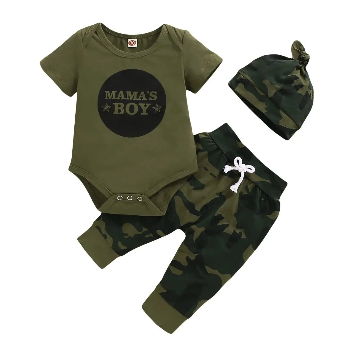 Letter Romper, Camouflage Pants & Hat 3-Piece Set
