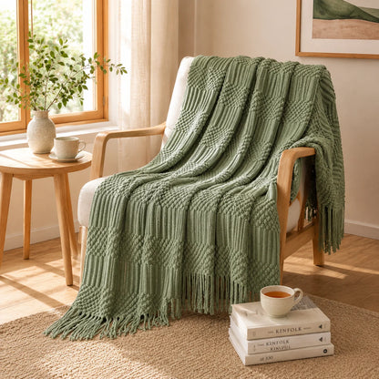 Sage Green Mixed Bobble Diamond Textured Knit Throw Blanket with Tassel Fringe, Soft Knitted Decorative Blanket, Lightweight Cozy Cover for Couch Sofa Bed, Boho Farmhouse Home Decor for Living Room Bedroom