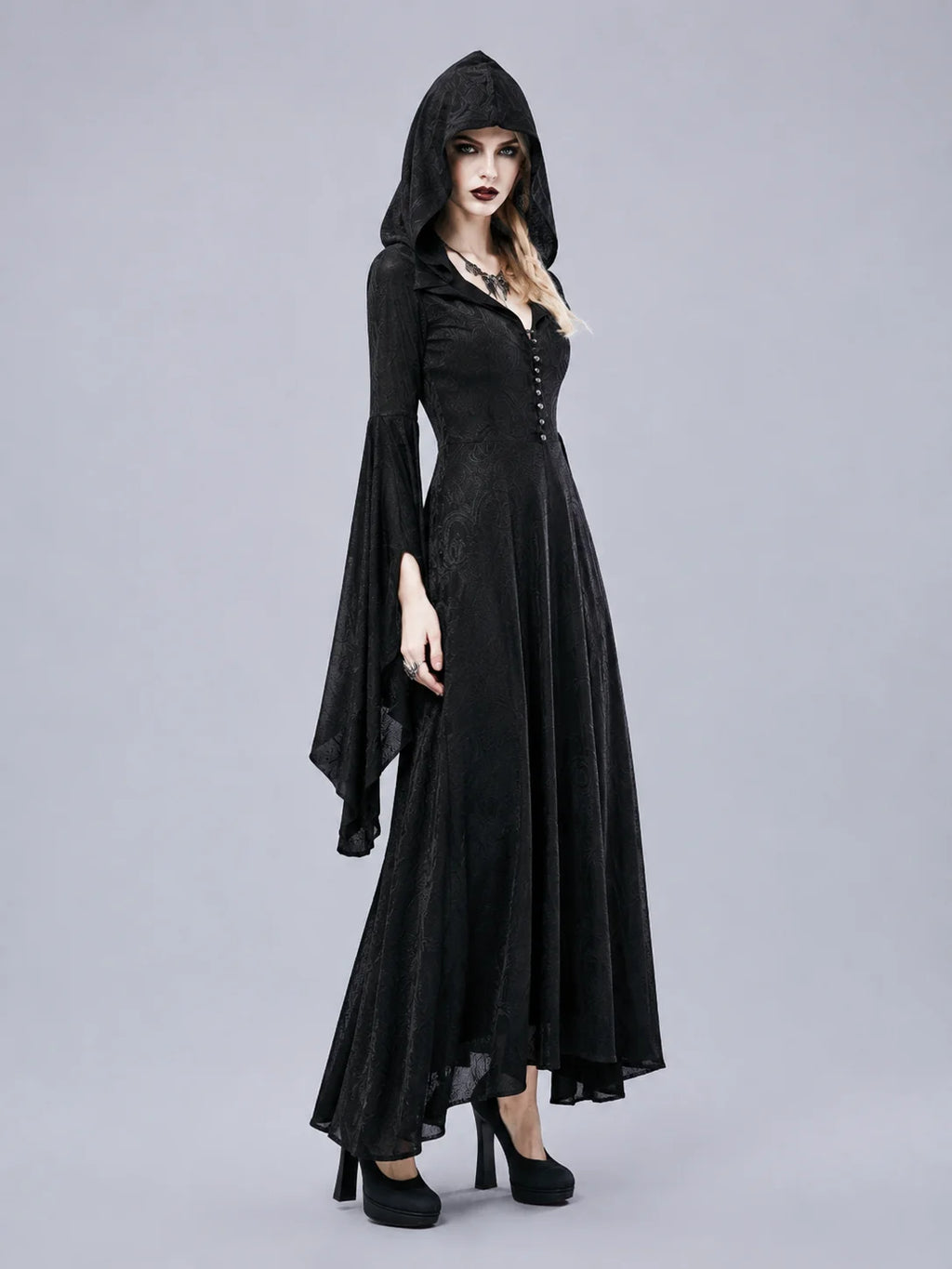 Women Gothic Witch Hooded Maxi Dress Bell Long Sleeve Jacquard Mesh V‑Neck Button Front Floor‑Length Gown Halloween Cosplay Costume for Party Carnival
