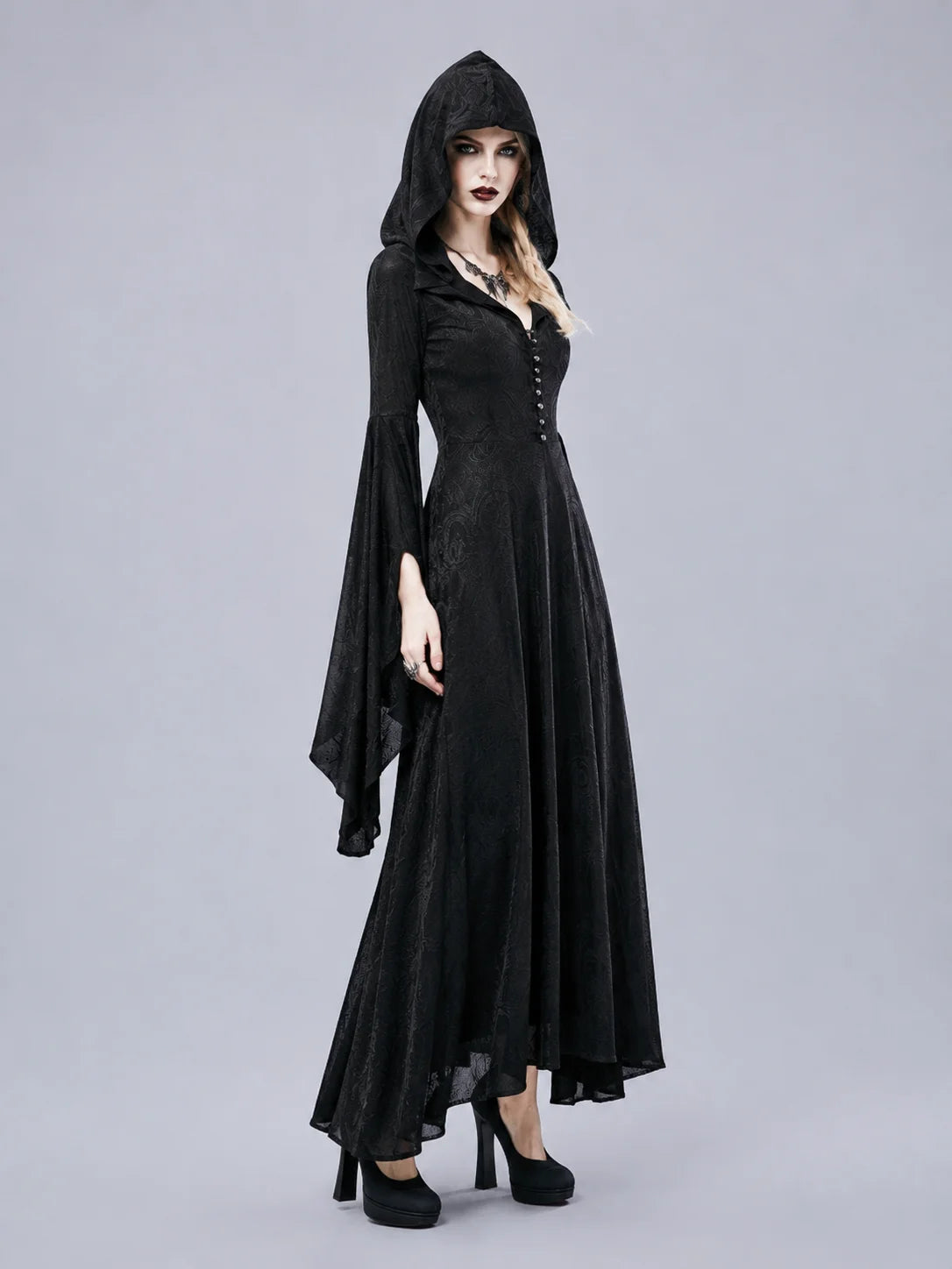 Women Gothic Witch Hooded Maxi Dress Bell Long Sleeve Jacquard Mesh V‑Neck Button Front Floor‑Length Gown Halloween Cosplay Costume for Party Carnival