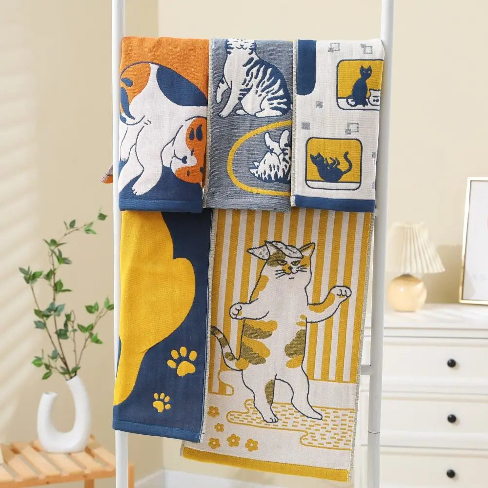 Cartoon Cat Face Towels 34x74cm Soft Bath Towel Absorbent 3 Layer Cotton