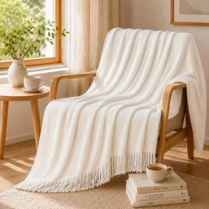 Sage Green Mixed Bobble Diamond Textured Knit Throw Blanket with Tassel Fringe, Soft Knitted Decorative Blanket, Lightweight Cozy Cover for Couch Sofa Bed, Boho Farmhouse Home Decor for Living Room Bedroom