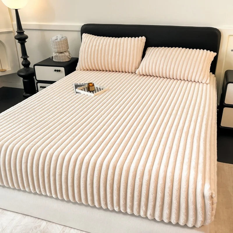 Striped Plush Fitted Sheet, Cozy Fluffy Mattress Cover