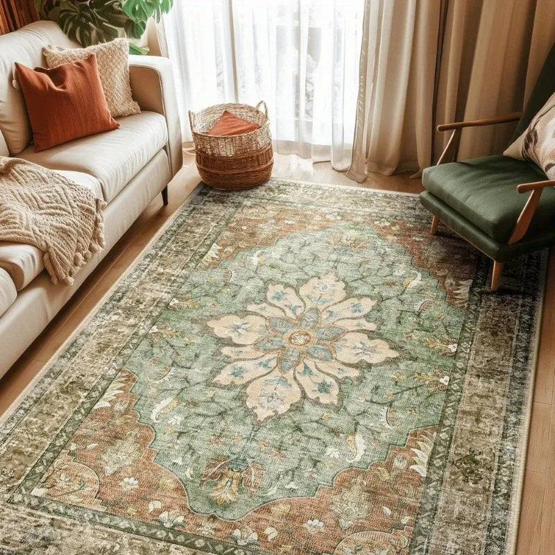 Bohemian Floral Vintage Oversized Area Rug – Machine Washable Non-Slip Green Carpet