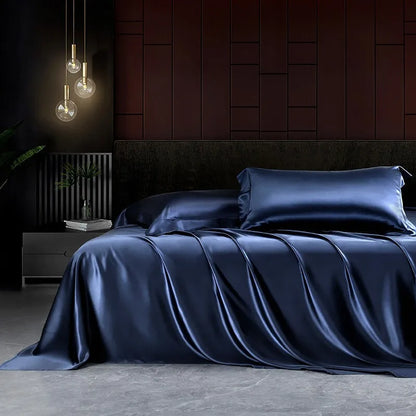 Solid 4pcs Silk Bedding Set with Duvet Cover Fitted/Flat Bed Sheet Pillowcase Bedspreads and Coverlets  Single Double Bedsheet