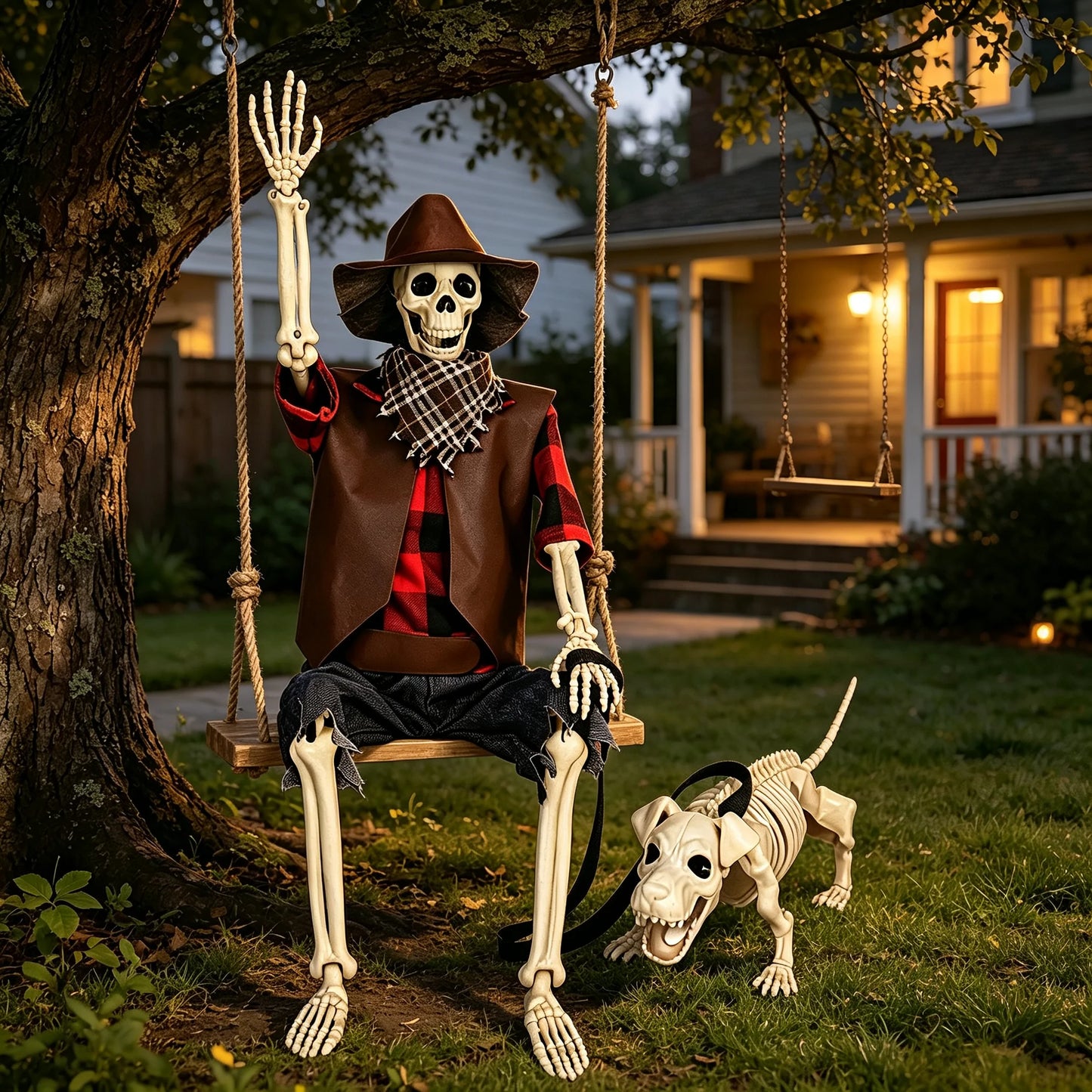 36" Halloween Skeleton Decorations, Posable Skeleton & Dog Outdoor Decor Creepy Halloween Western Cowboy Themed Set, Plastic Skeleton Featuring Movable Joints, Indoor Outdoor Yard & Party Decor