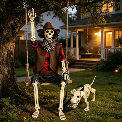 36" Halloween Skeleton Decorations, Posable Skeleton & Dog Outdoor Decor Creepy Halloween Western Cowboy Themed Set, Plastic Skeleton Featuring Movable Joints, Indoor Outdoor Yard & Party Decor